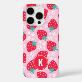 Funda iPhone 16 Pro Monograma de patrón floral de fresas rojas rosadas