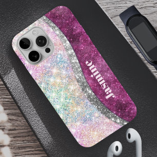 Funda iPhone 16 Pro Monograma de purpurina de imitación plateado rosad