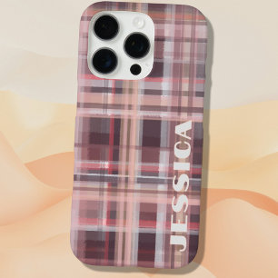 Funda iPhone 16 Pro Monograma de Tartán Rojo Burdeos Rosa Tostado Raya