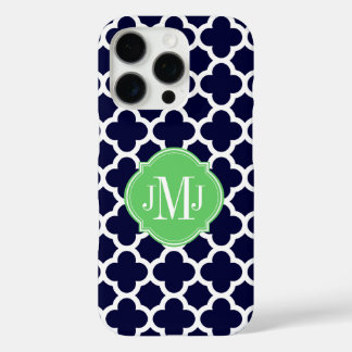 Funda iPhone 16 Pro Monograma del patrón azul y blanco de la Marina Qu