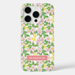 Funda iPhone 16 Pro Monograma del patrón de limón floral rosa