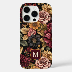 Funda iPhone 16 Pro Monograma del patrón floral de Borgoña