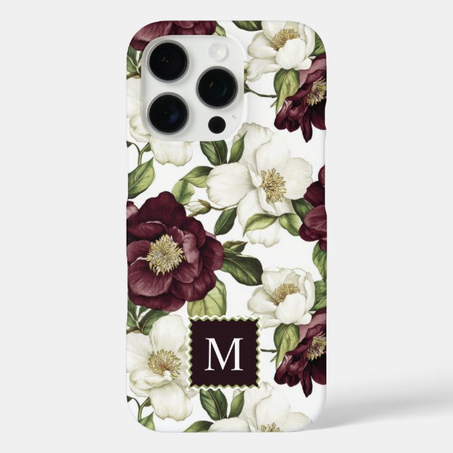 Funda iPhone 16 Pro Monograma del patrón floral de Borgoña (Reverso )