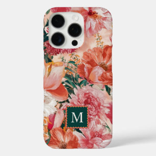 Funda iPhone 16 Pro Monograma del patrón floral rosado naranja