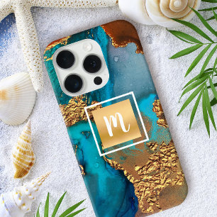 Funda iPhone 16 Pro Monograma dorado de naranja turquesa de acuarela a