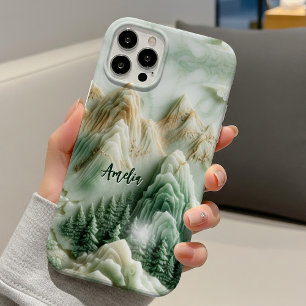 Funda iPhone 16 Pro Monograma elegante de cerros verdes de jade