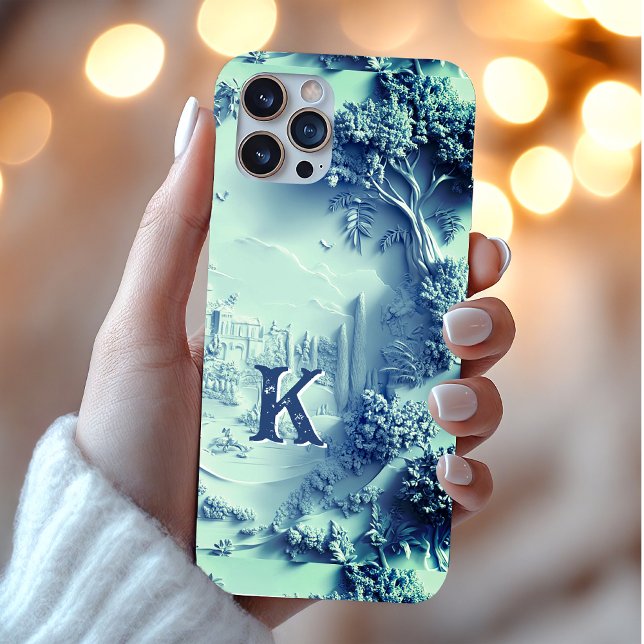 Funda iPhone 16 Pro Monograma elegante de la moda floral azul (Subido por el creador)