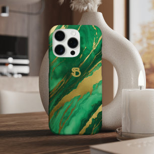 Funda iPhone 16 Pro Monograma elegante de mármol de oro verde
