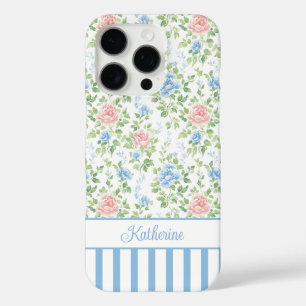 Funda iPhone 16 Pro Monograma Floral Acuarela Azul Rosado