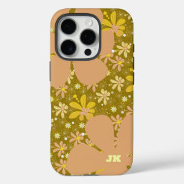 Funda iPhone 16 Pro Monograma floral retro marrón y amarillo