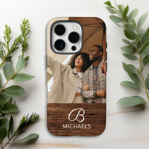 Funda iPhone 16 Pro Monograma Foto Madera de grano Nombre personalizad