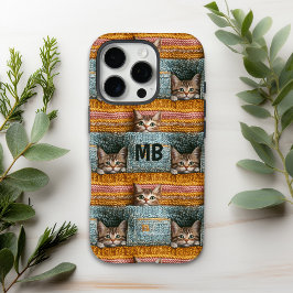 Funda iPhone 16 Pro Monograma Gatitos Lindos Tejidos Personalizados Fe