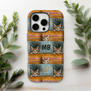 Funda iPhone 16 Pro Monograma Gatitos Lindos Tejidos Personalizados Fe