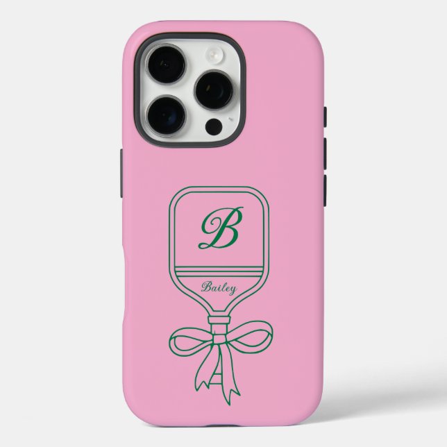 Funda iPhone 16 Pro Monograma Green Bow Pickleball Paddle Rosa (Reverso )