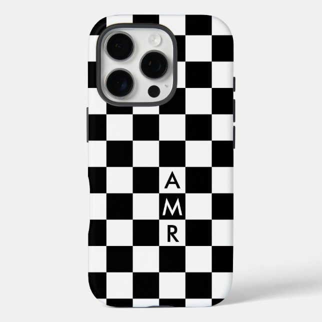 Funda iPhone 16 Pro Monograma Patrón blanco negro revisado (Reverso )