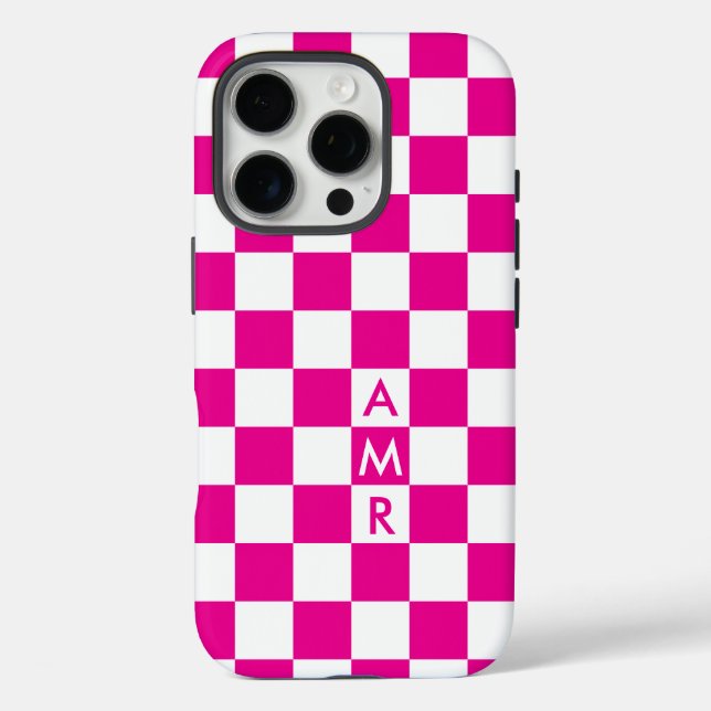 Funda iPhone 16 Pro Monograma Patrón de control blanco rosado caliente (Reverso )