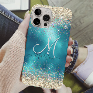 Funda iPhone 16 Pro Monograma purpurina de imitación de color turquesa