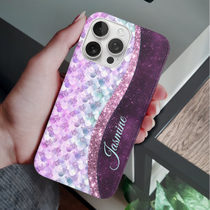 Funda iPhone 16 Pro Monograma purpurina de imitación de plata rosa de 