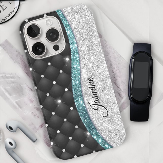 Funda iPhone 16 Pro Monograma verde azulado negro de moda faux purpuri (Subido por el creador)