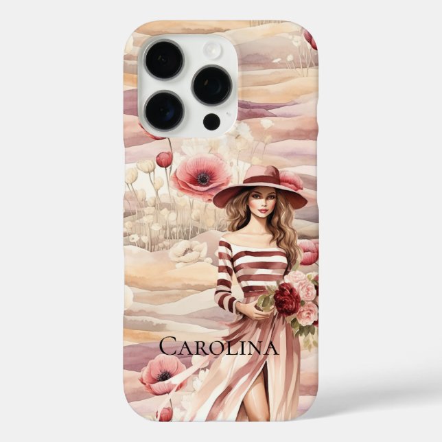 Funda iPhone 16 Pro Mujer de primavera floral de crema de borgoña (Reverso )