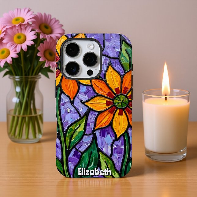 Funda iPhone 16 Pro Naranja Flores Estilo Vidrio Manchado (Subido por el creador)