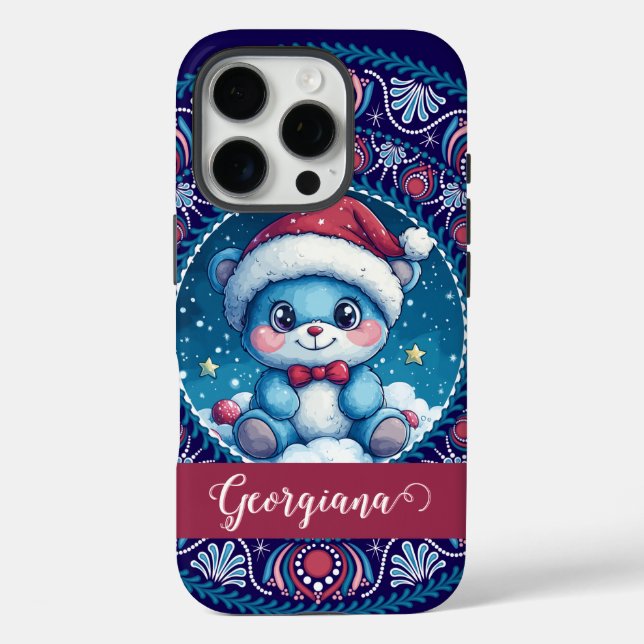 Funda iPhone 16 Pro Navidades personalizados Kawaii Bear Dot Mandala (Reverso )