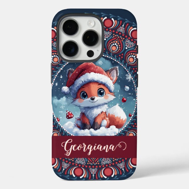 Funda iPhone 16 Pro Navidades personalizados Kawaii Fox Dot Mandala (Reverso )