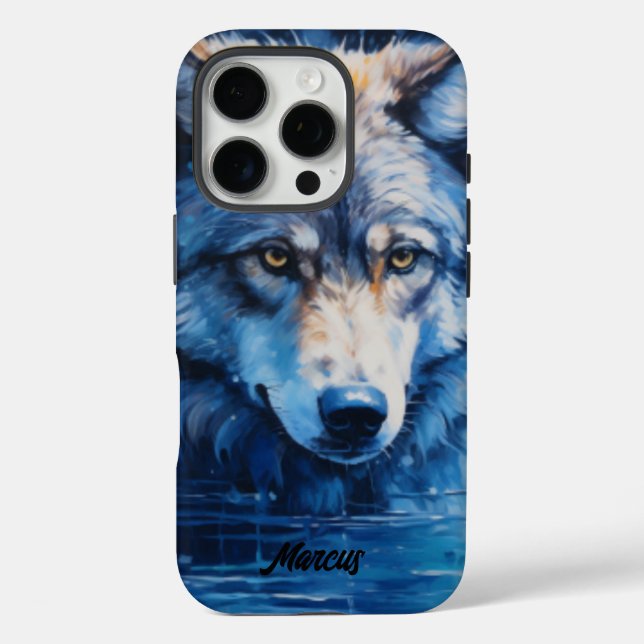 Funda iPhone 16 Pro Nombre de Personalizable de lobo acuarela moderna (Reverso )