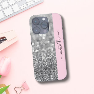 Funda iPhone 16 Pro Nombre EDITABLE Purpurina Bokeh plata y rosa bebé