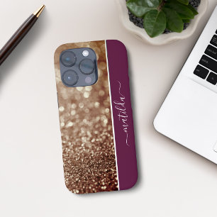 Funda iPhone 16 Pro Nombre EDITABLE Purpurina Bokeh rosa oro y burdeos