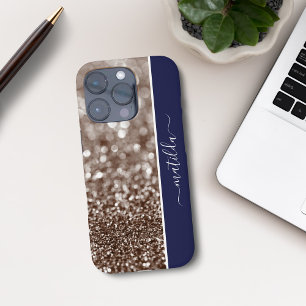 Funda iPhone 16 Pro Nombre EDITABLE Purpurina Cobre bokeh y azul rico