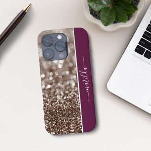 Funda iPhone 16 Pro Nombre EDITABLE Purpurina Cobre bokeh y borgoña