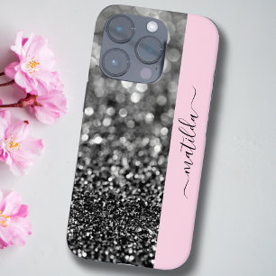 Funda iPhone 16 Pro Nombre EDITABLE Purpurina Grafito bokeh y rosa beb