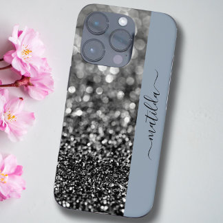 Funda iPhone 16 Pro Nombre EDITABLE Purpurina Grafito de Bokeh y azul 