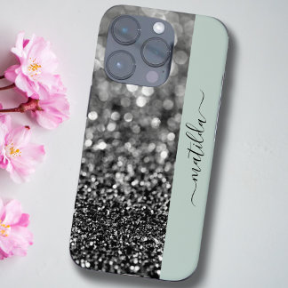 Funda iPhone 16 Pro Nombre EDITABLE Purpurina Grafito de Bokeh y verde