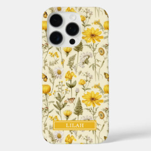Funda iPhone 16 Pro Nombre floral acuarela botánica amarilla