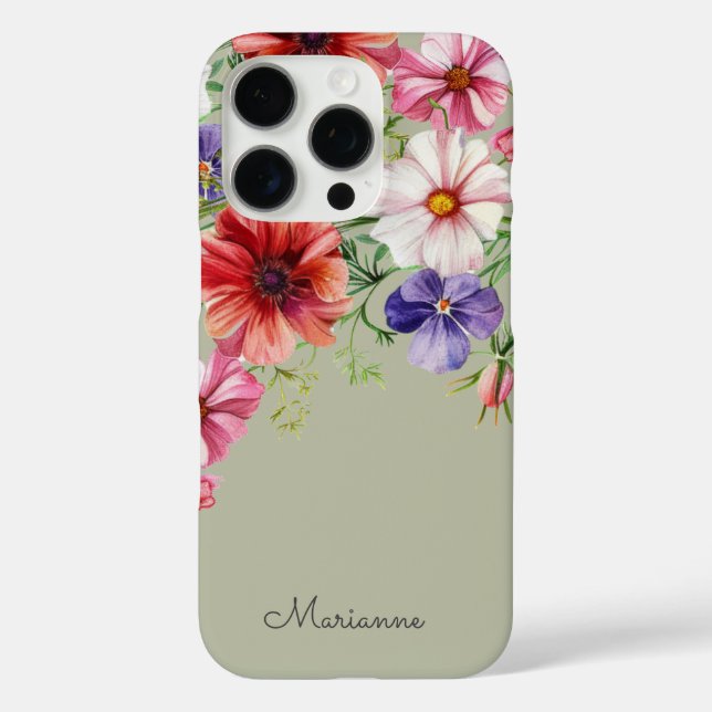 Funda iPhone 16 Pro Nombre floral verde sabio personalizado (Reverso )