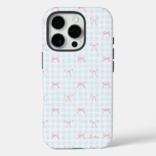 Funda iPhone 16 Pro Nombre personalizado de Gingham azul rosado Bow