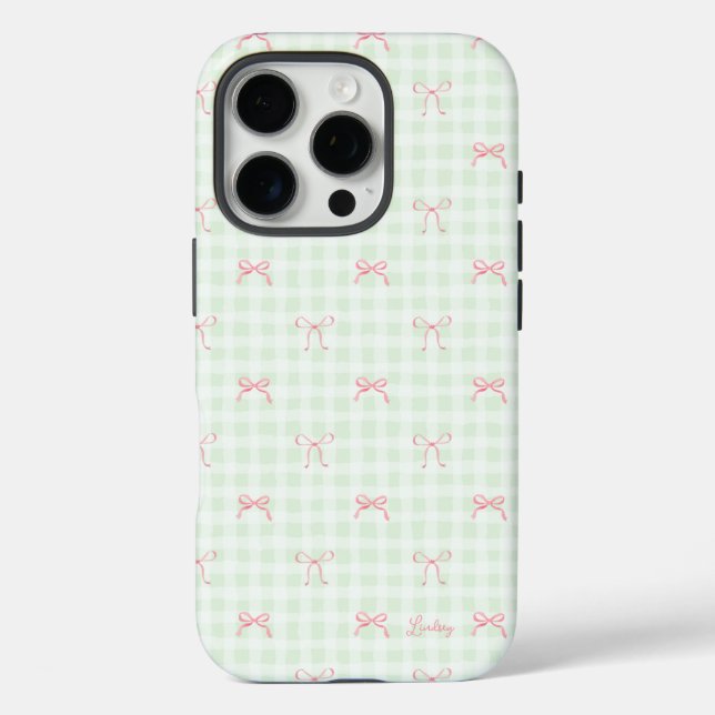 Funda iPhone 16 Pro Nombre personalizado de Gingham verde rosado Bow (Reverso )