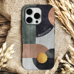 Funda iPhone 16 Pro Nombre personalizado de mármol geométrico abstract<br><div class="desc">Modern Resumen Los Fundas iPhone 16 Pro de Marble Geométrico presentan formas geométricas de color oro rosa y oro negro sobre un fondo de mármol gris con rayas y su nombre personalizado en un guión blanco moderno. Personalice editando el texto en el cuadro de texto proporcionado. Diseñado por ©Evco Studio...</div>