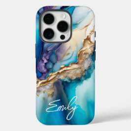 Funda iPhone 16 Pro Nombre Personalizado Elegante Mármol Azul Dorado M