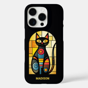 Funda iPhone 16 Pro Nombre personalizado Faux Sned Glass Cat