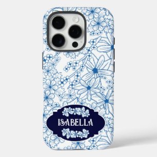 Funda iPhone 16 Pro Nombre Personalizado Femenino Patrón Floral Azul