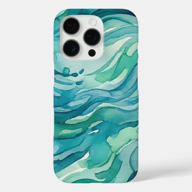 Funda iPhone 16 Pro Olas de océano acuarela azul verdoso (Reverso )
