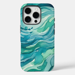 Funda iPhone 16 Pro Olas de océano acuarela azul verdoso