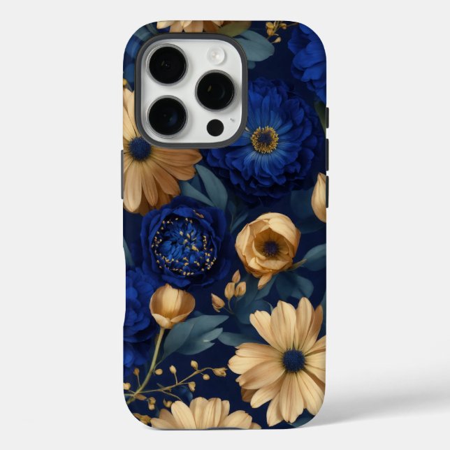 Funda iPhone 16 Pro Opulencia floral dorada y azul (Reverso )