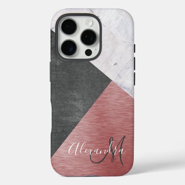 Funda iPhone 16 Pro Oro Rosa, pizarra y mármol - Añadir un monograma (Reverso )