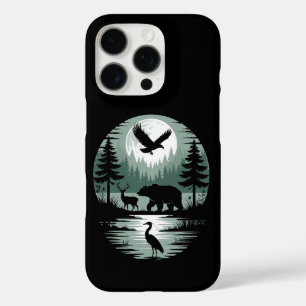 Funda iPhone 16 Pro Oso Ciervo Águila Luna Silueta del Bosque