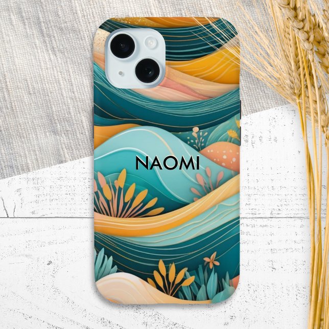 Funda iPhone 16 Pro Paisaje Retro Groovy Personalizado (A stylish personalized phone case, with illustration of rolling hills in a retro groovy style)