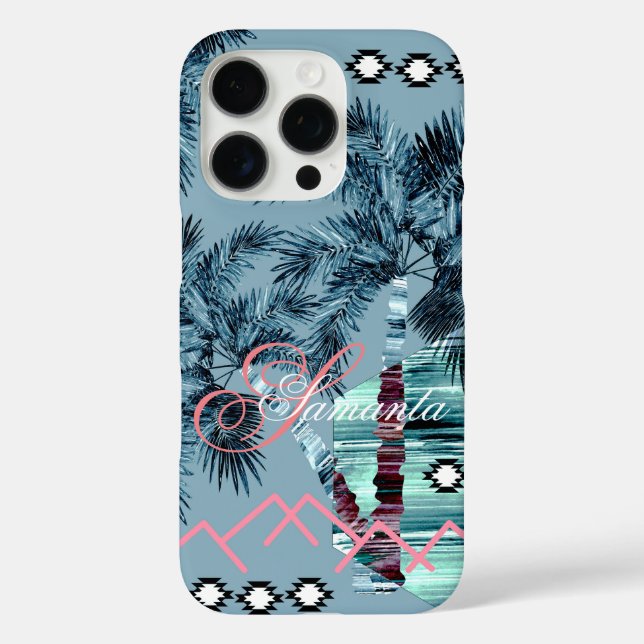 Funda iPhone 16 Pro Palm Hawaiian blue black monogram personalized (Reverso )